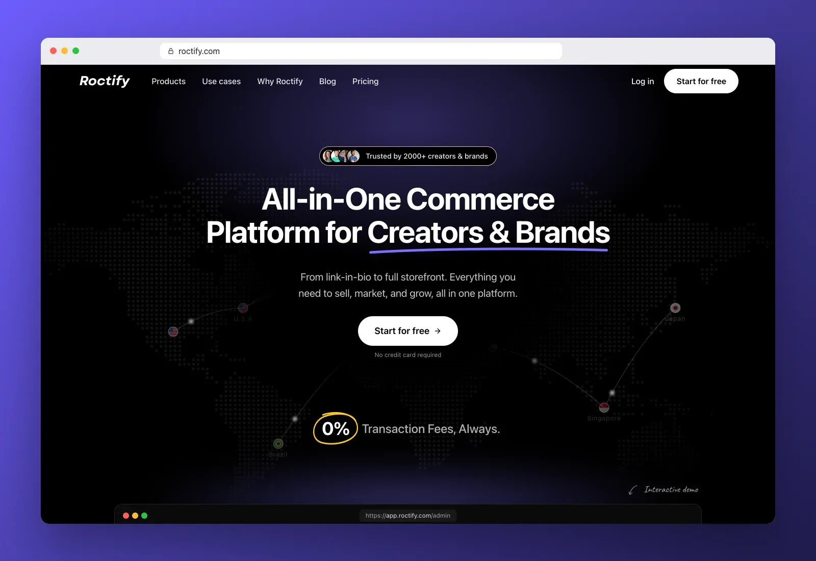 Real screenshot of the Roctify homepage in a browser, All-in-One Commerce Platform for Creators & Brands, with a Start for free button and 0% transaction fees