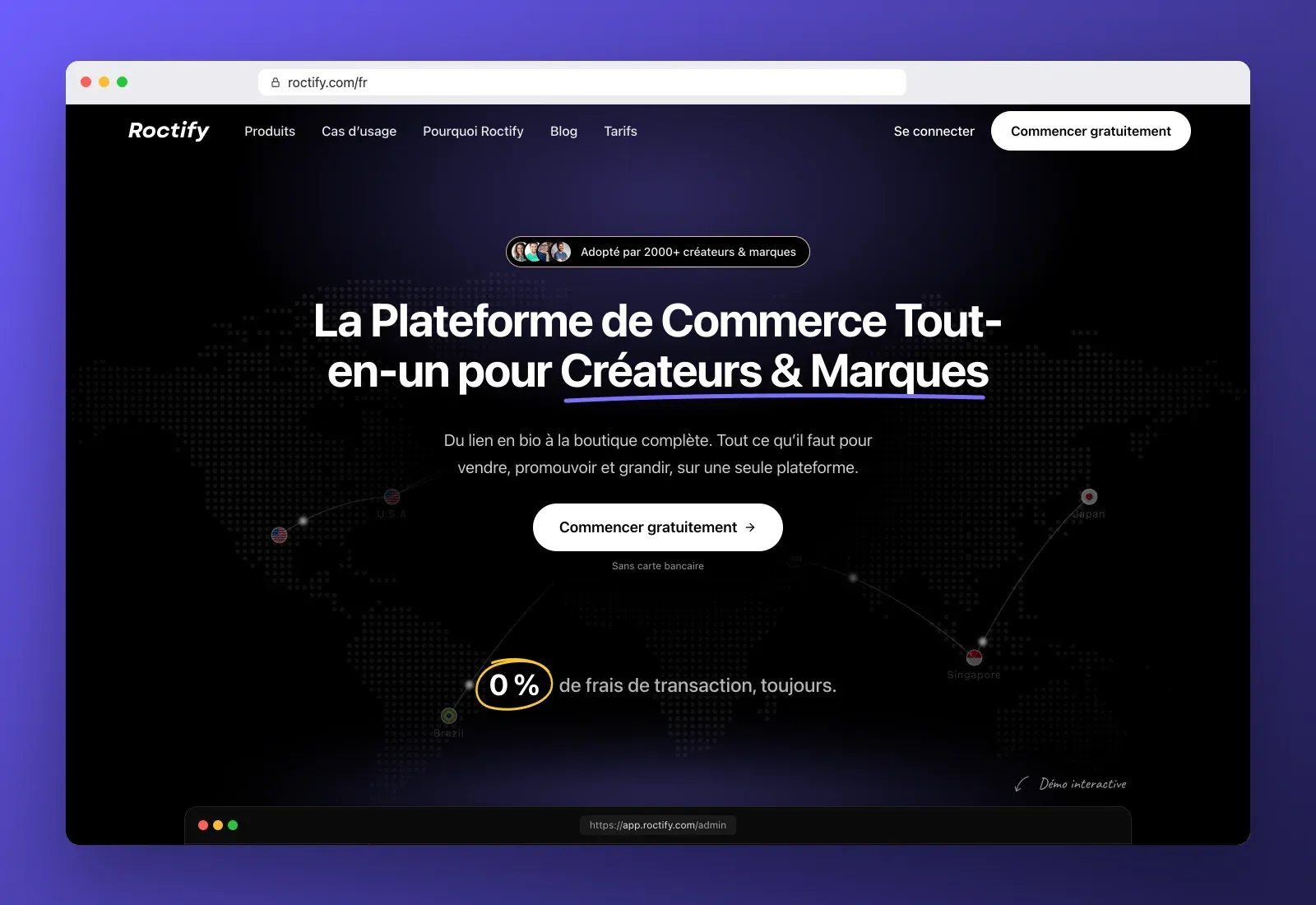 Vraie capture de la page d’accueil de Roctify dans un navigateur, la plateforme de commerce tout-en-un pour créateurs et marques, avec un bouton Commencer gratuitement et 0 % de frais de transaction
