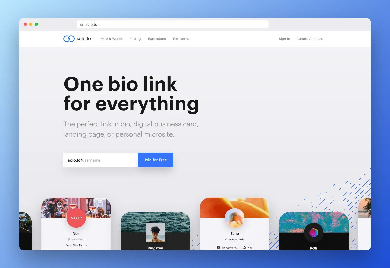 Real screenshot of the Solo.to homepage at solo.to in a browser, with the "One bio link for everything" headline, a username field and template cards