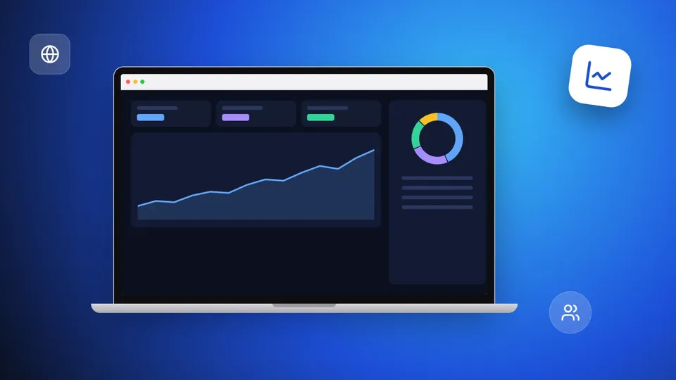 Laptop with a dark website analytics dashboard showing rising traffic, key figures and a traffic sources donut, next to chart, visitors and globe icons