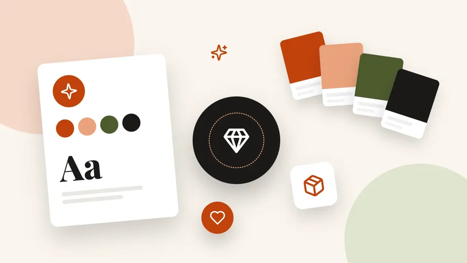 Brand identity elements on a cream background, a style card with a logo mark, color dots and typography, a dark brand emblem, color swatches, a package and a heart