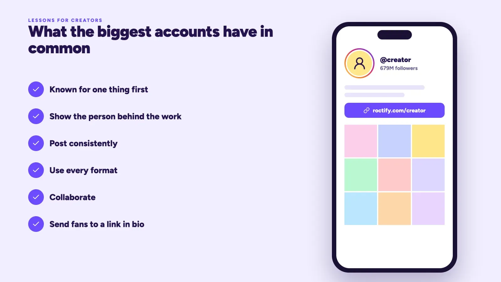 Checklist of six habits the most followed Instagram accounts share next to a phone showing a creator profile with a link in bio