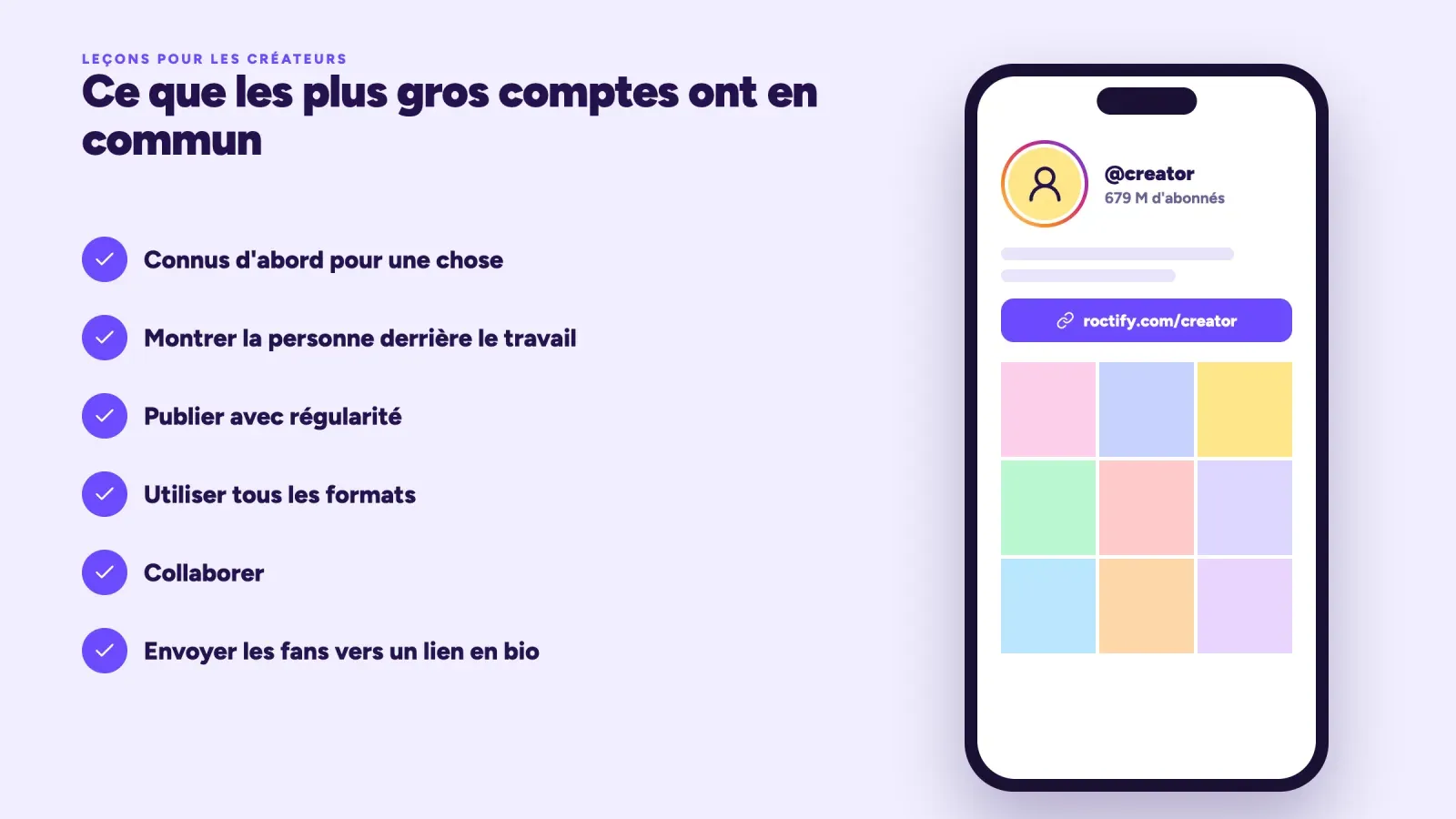 Liste de six habitudes communes aux comptes Instagram les plus suivis à côté d'un téléphone affichant un profil de créateur avec un lien en bio