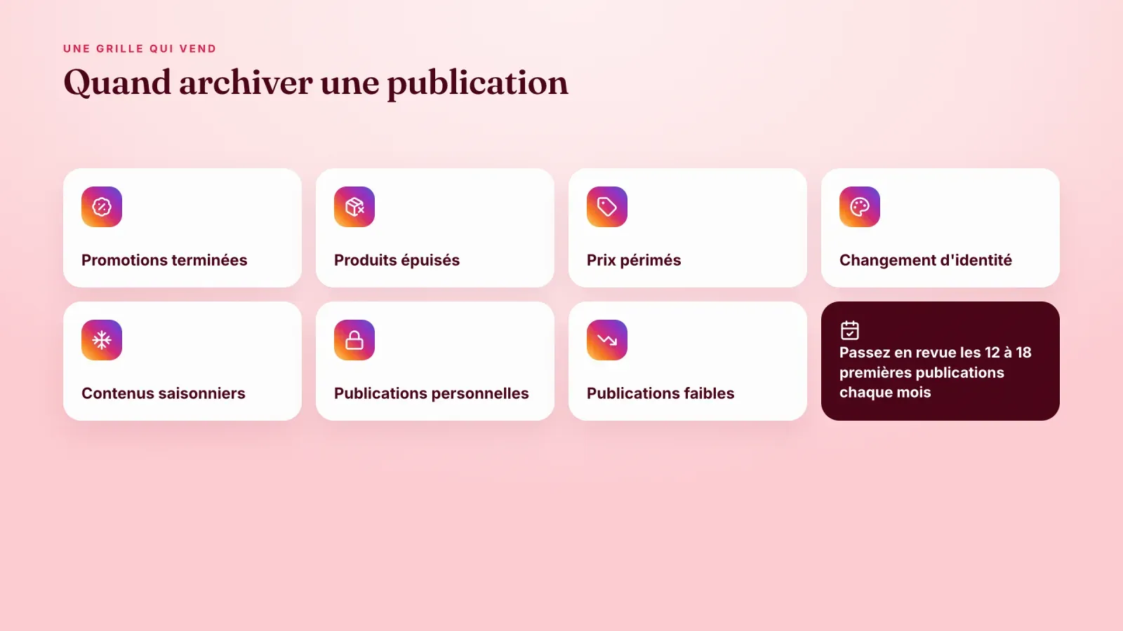 Sept situations pour archiver une publication Instagram, promotions terminées, produits épuisés, prix périmés, changement d'identité, contenus saisonniers, publications personnelles et publications faibles