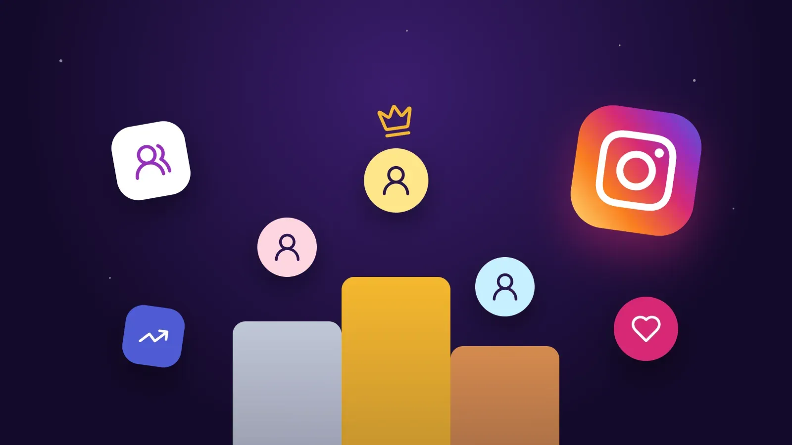 Instagram logo next to a podium with three profile avatars, a crown above the winner, a followers icon, a heart and a rising trend arrow