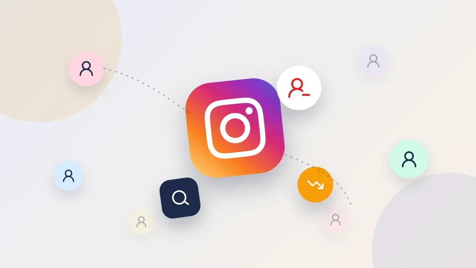 Instagram logo surrounded by follower avatars, some fading away, with an unfollow icon, a search button and a downward trend arrow