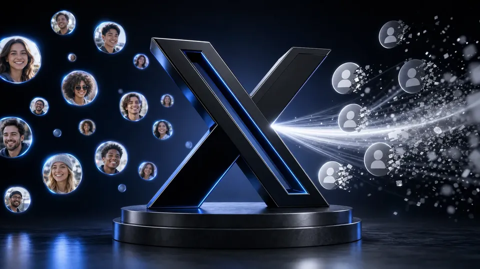 3D X logo on a pedestal with real follower avatars on one side and grey default-avatar accounts dissolving on the other