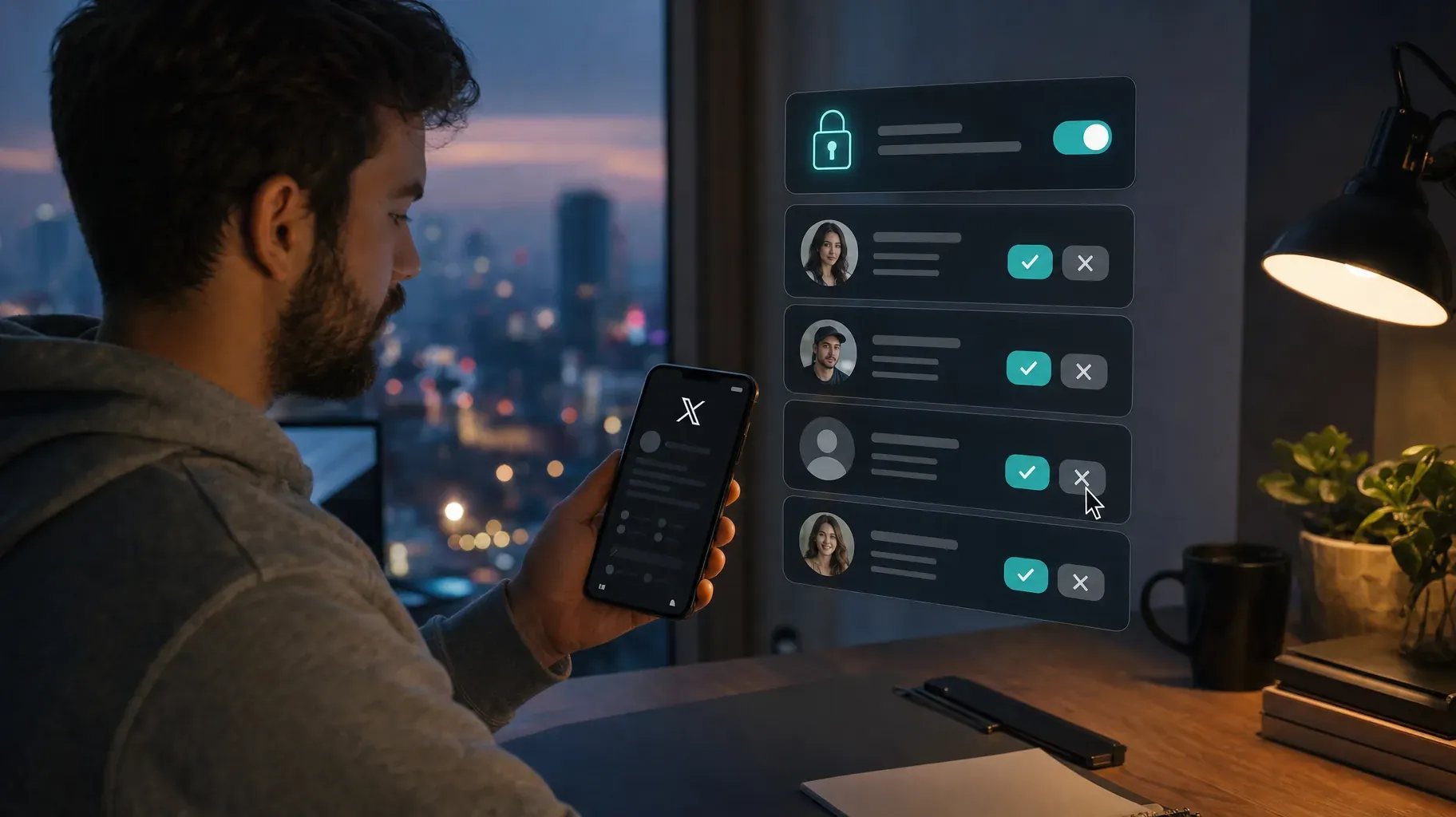 Man at his desk at night with the X app, next to a padlock toggle for protected posts and follow requests being approved or declined