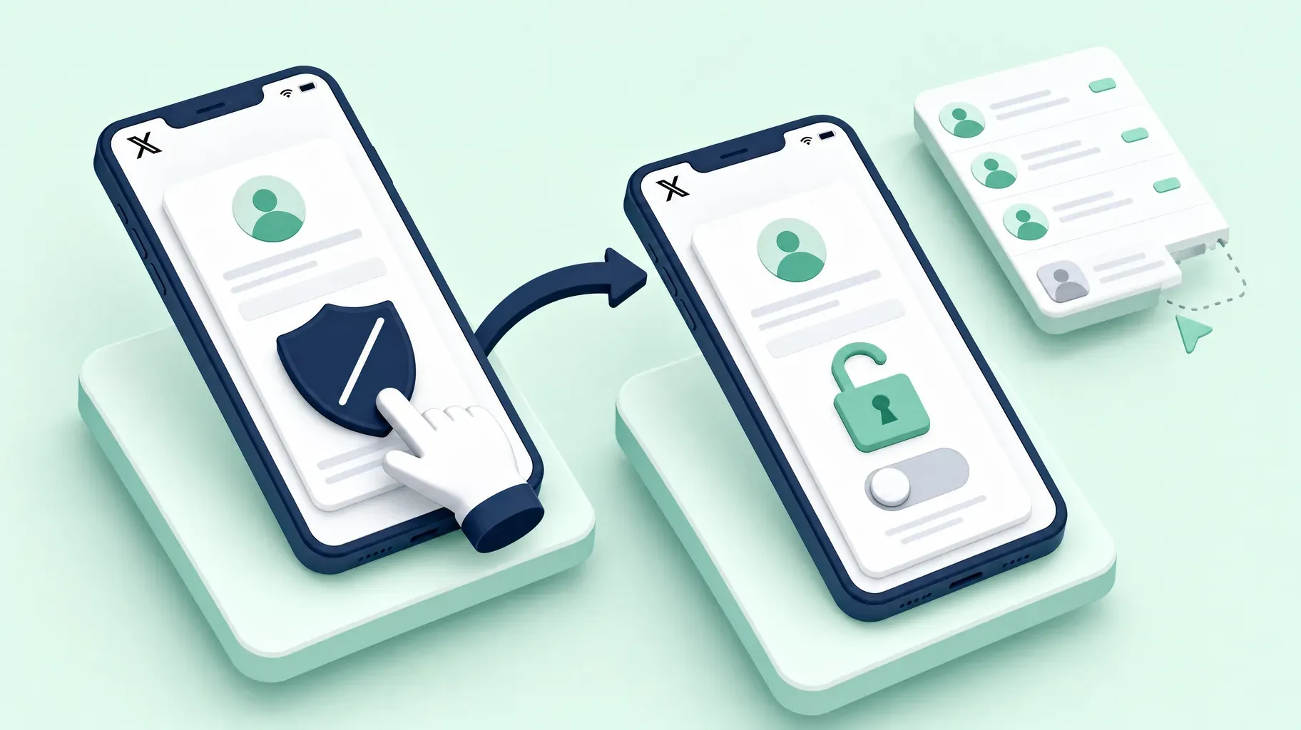 Isometric illustration of a soft block, blocking a profile on one phone, unblocking it on a second phone, and the follower leaving the list
