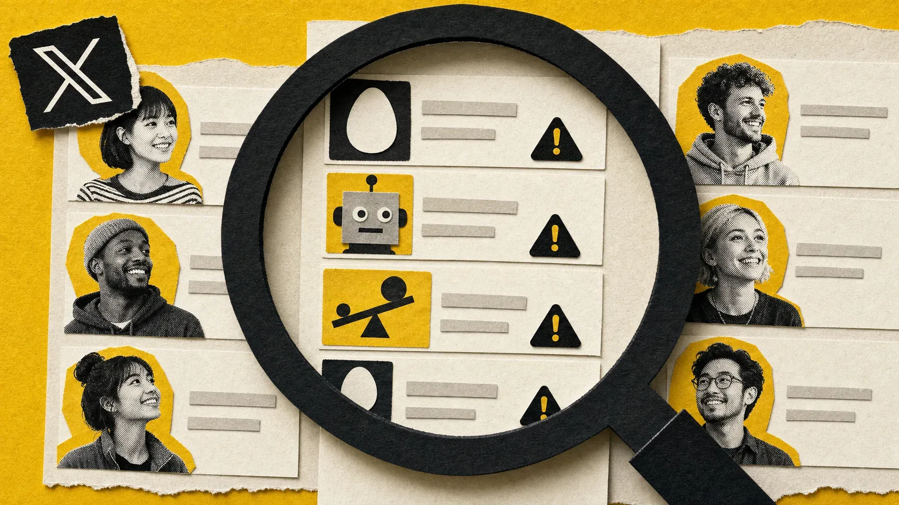Paper collage of a magnifying glass flagging bot accounts, egg avatars and a lopsided follow ratio among real followers
