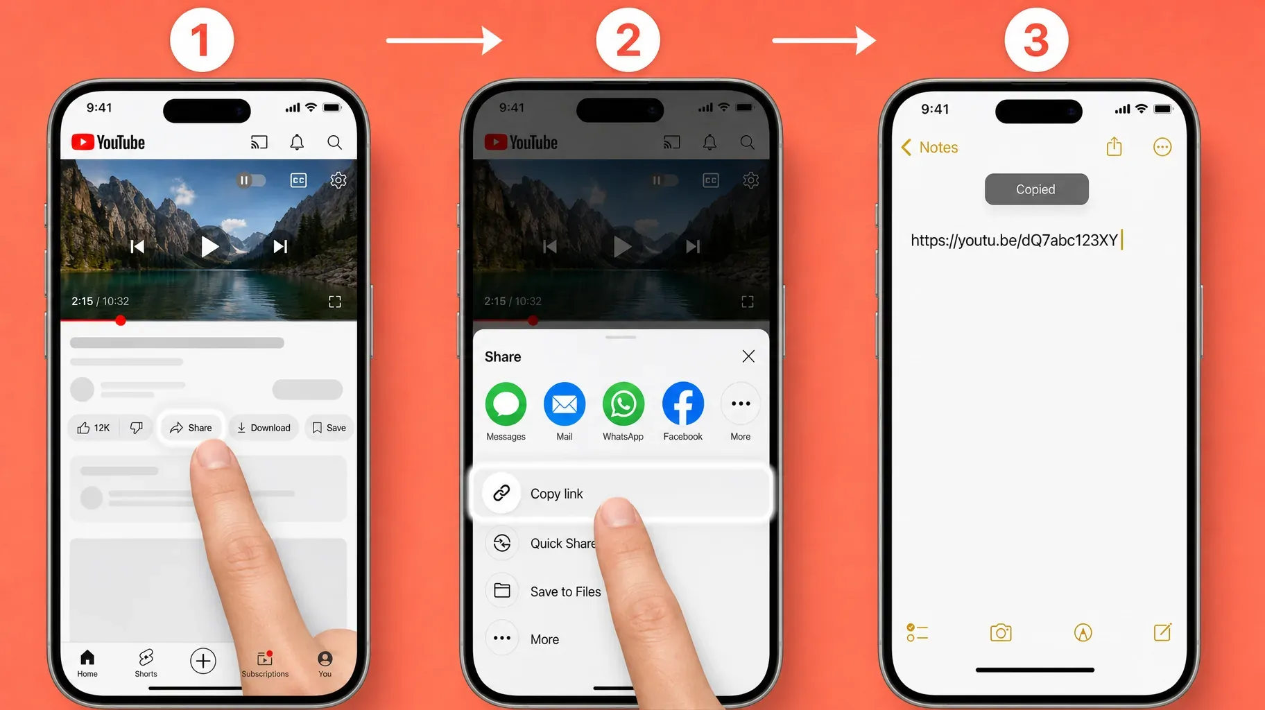 Three steps in the YouTube app to copy a video link, tap Share under the video, tap Copy link, then paste the youtu.be link in Notes