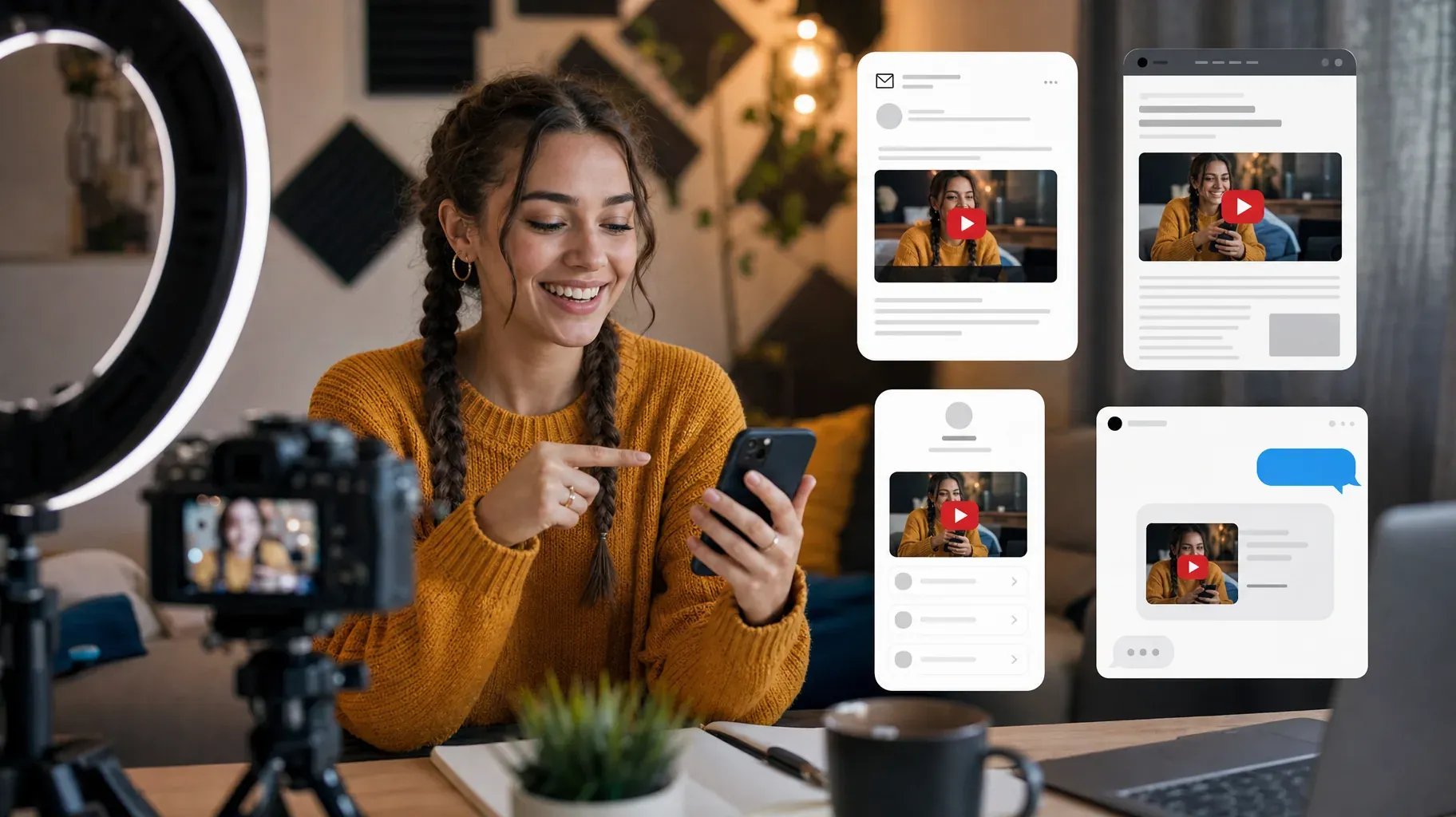 YouTuber in her home studio sharing a video link from her phone, with cards for a newsletter, a blog embed, a link-in-bio page and a chat