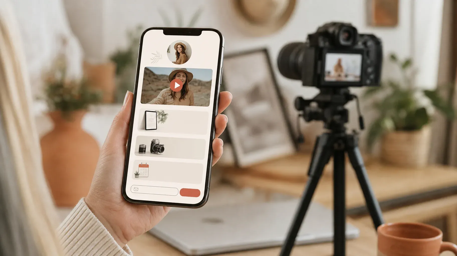 Main tenant un téléphone avec une page boutique de créatrice présentant une vidéo, un guide digital, du matériel en affiliation, une réservation et une inscription email