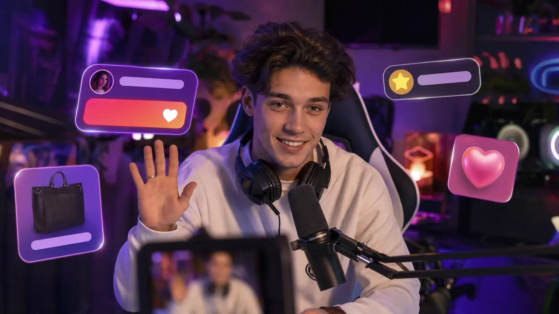 Streamer saluant pendant un live avec des bulles flottantes pour un Super Chat, un badge de membre, un sticker cœur et un produit