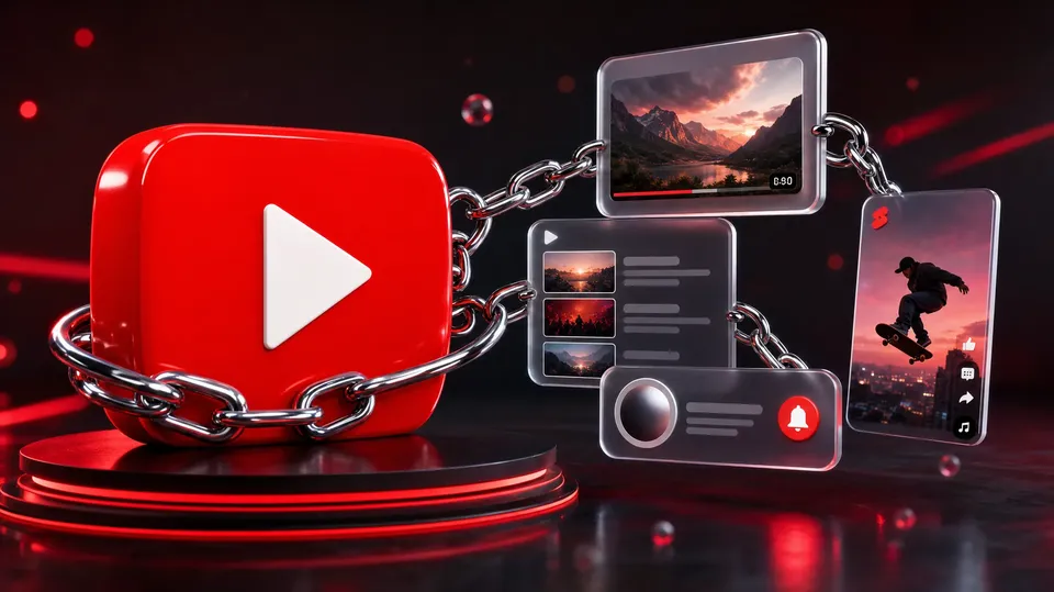 Glossy 3D YouTube logo wrapped in a chrome chain linked to a video, a playlist, a channel card with a bell and a Short
