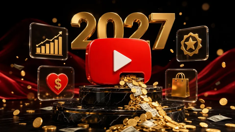 Glossy 3D YouTube logo on a marble pedestal pouring gold coins, under gold 2027 numerals, with icons for revenue growth, memberships, Super Thanks and shopping