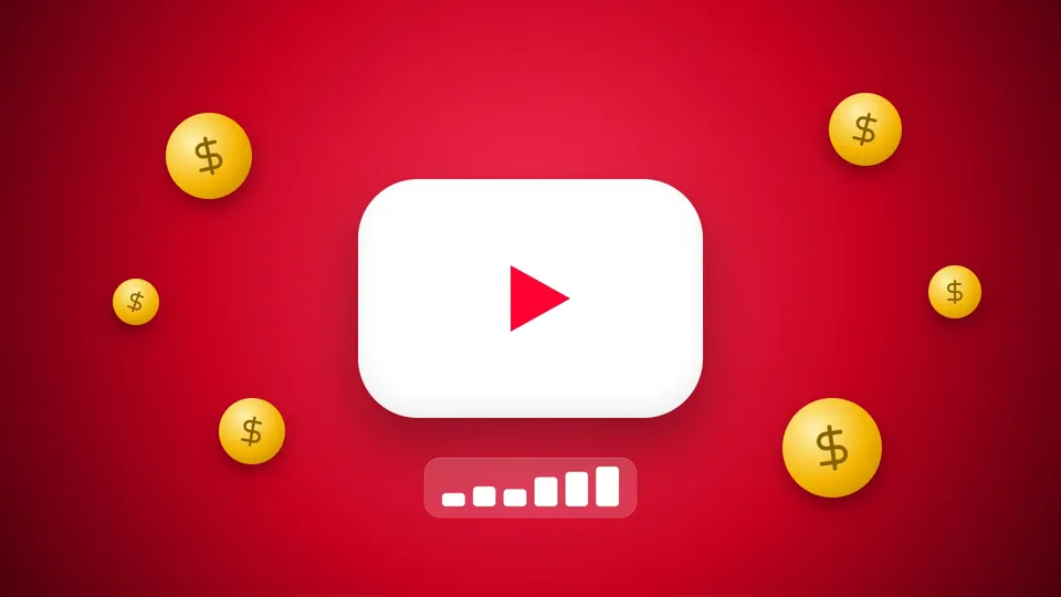 Large white YouTube play button on a red background surrounded by gold dollar coins and a rising bar chart