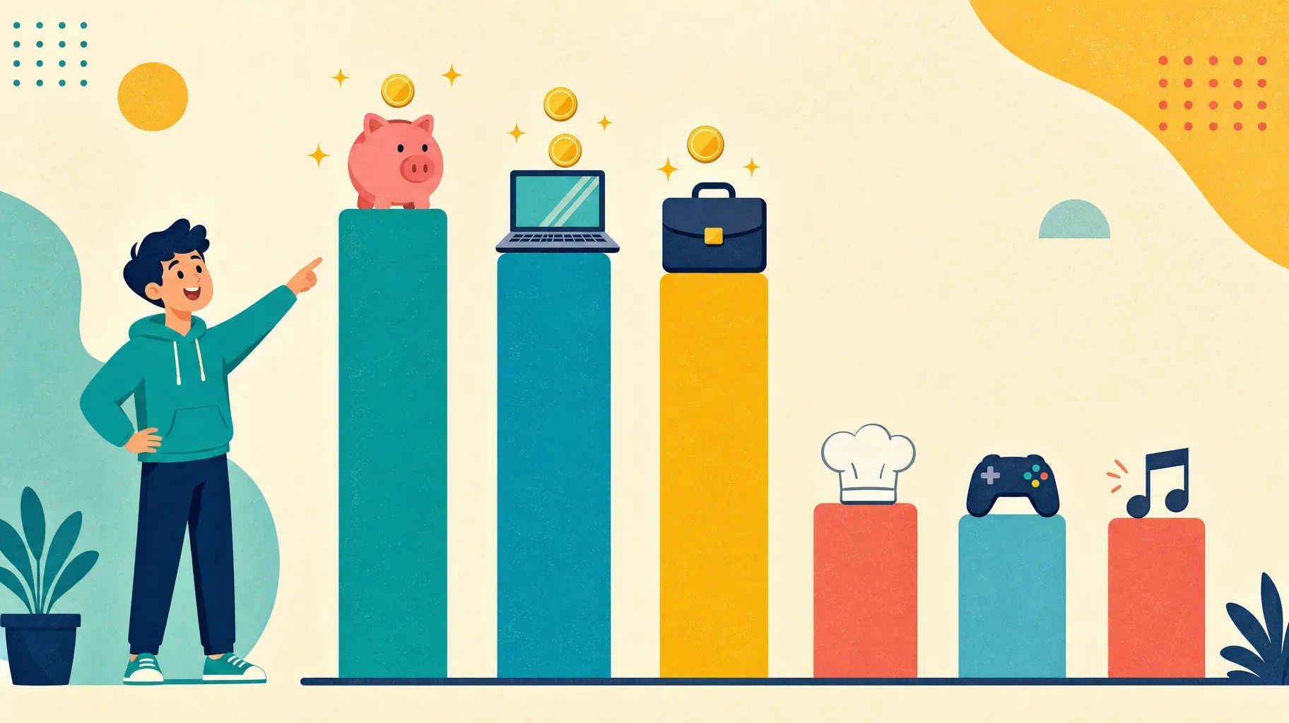 Illustration d'un graphique en barres où les thématiques finance, tech et business rapportent bien plus par vue que la cuisine, le gaming et la musique