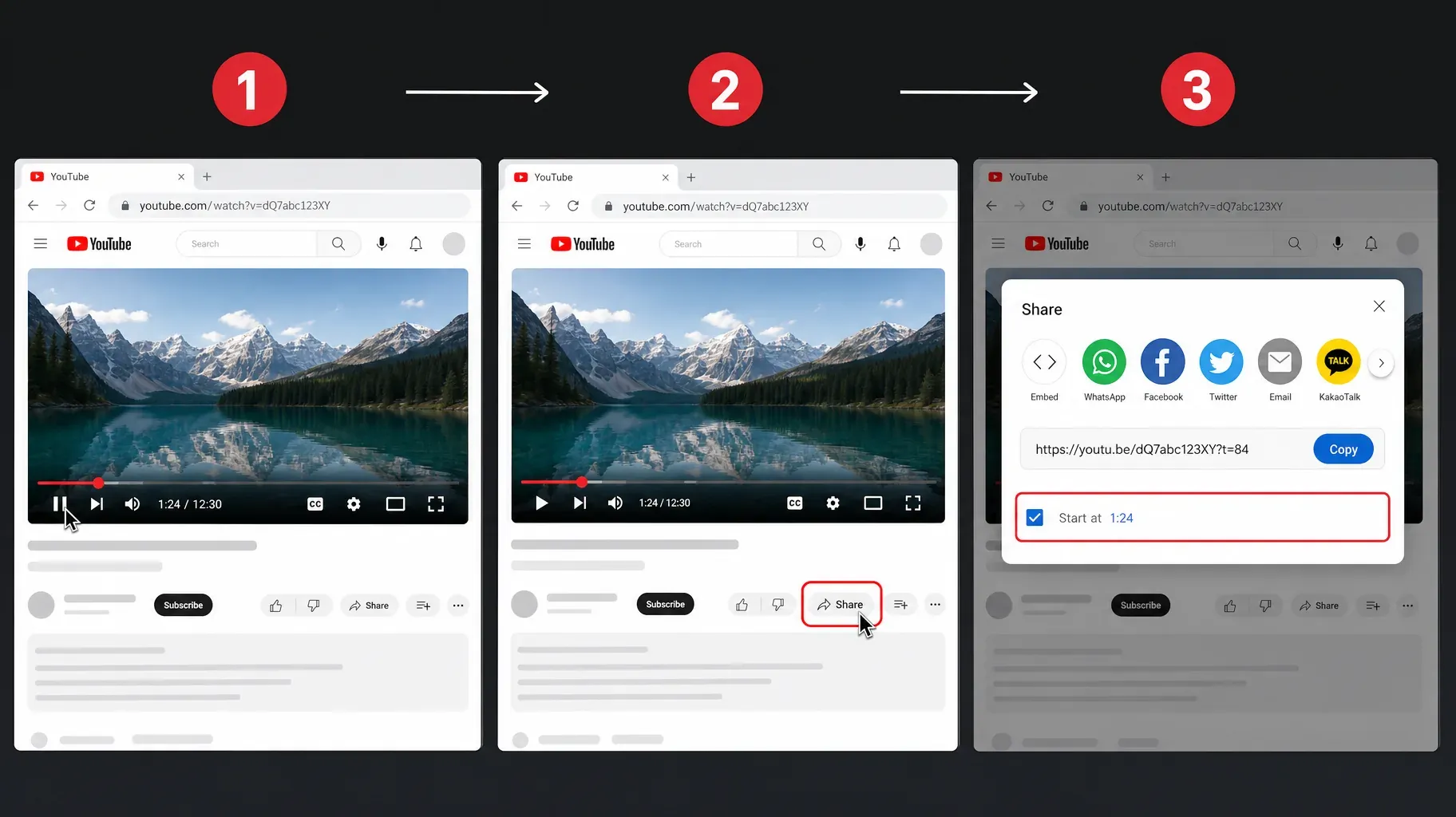 Three steps on YouTube desktop to share a video at 1:24, pause the video, click Share, then check Start at 1:24 and copy the link